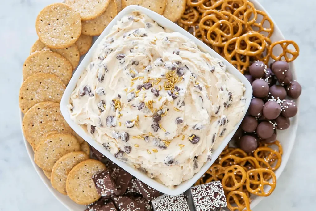 Peanut butter cookie dough dip with pretzels and graham crackers for dipping