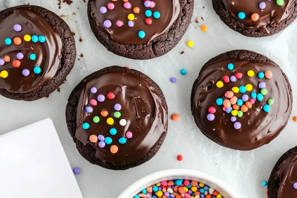 Assembled Cosmic Brownie Cookies with chocolate ganache and rainbow sprinkles
