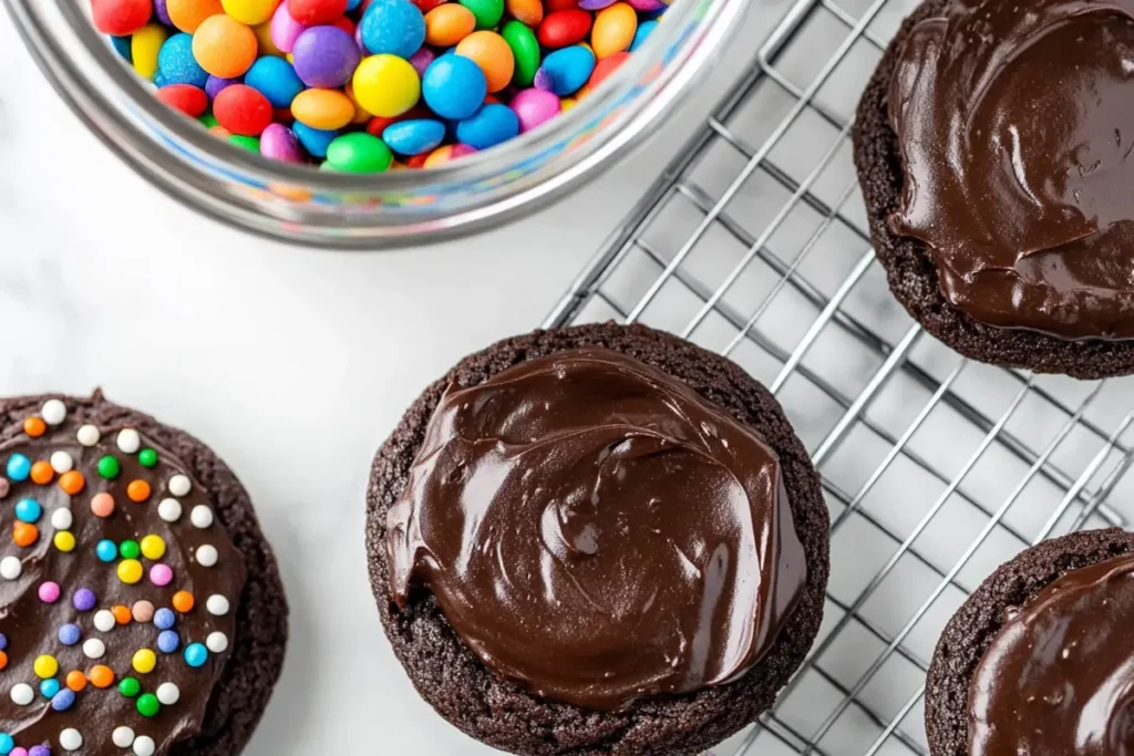 Cosmic Brownie Cookies with glossy ganache and rainbow sprinkles on a cooling rack