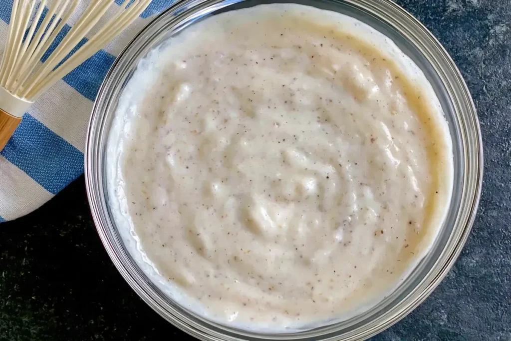 Creamy mushroom sauce for Slow Cooker Hamburger Casserole mixed in a glass bowl