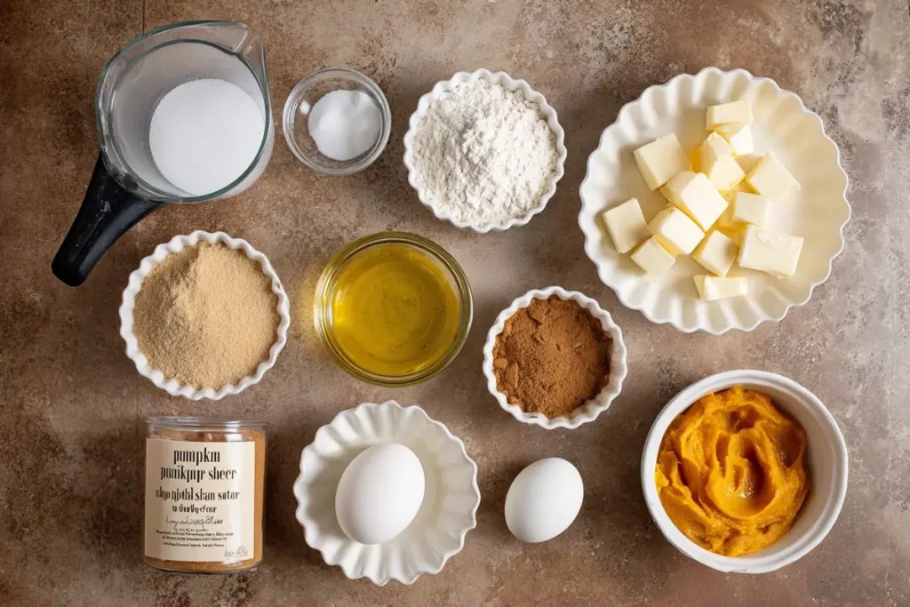 Ingredients for Crumbl Pumpkin Pie Cookies arranged on a kitchen counter
