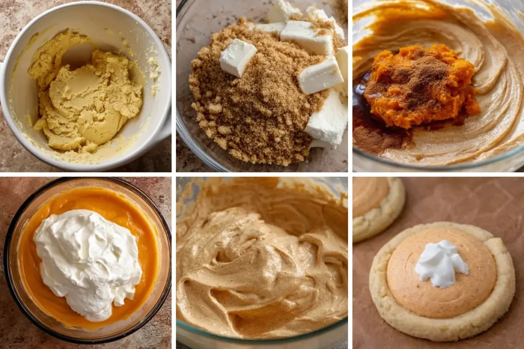 Process collage for making Crumbl Pumpkin Pie Cookies and pumpkin filling