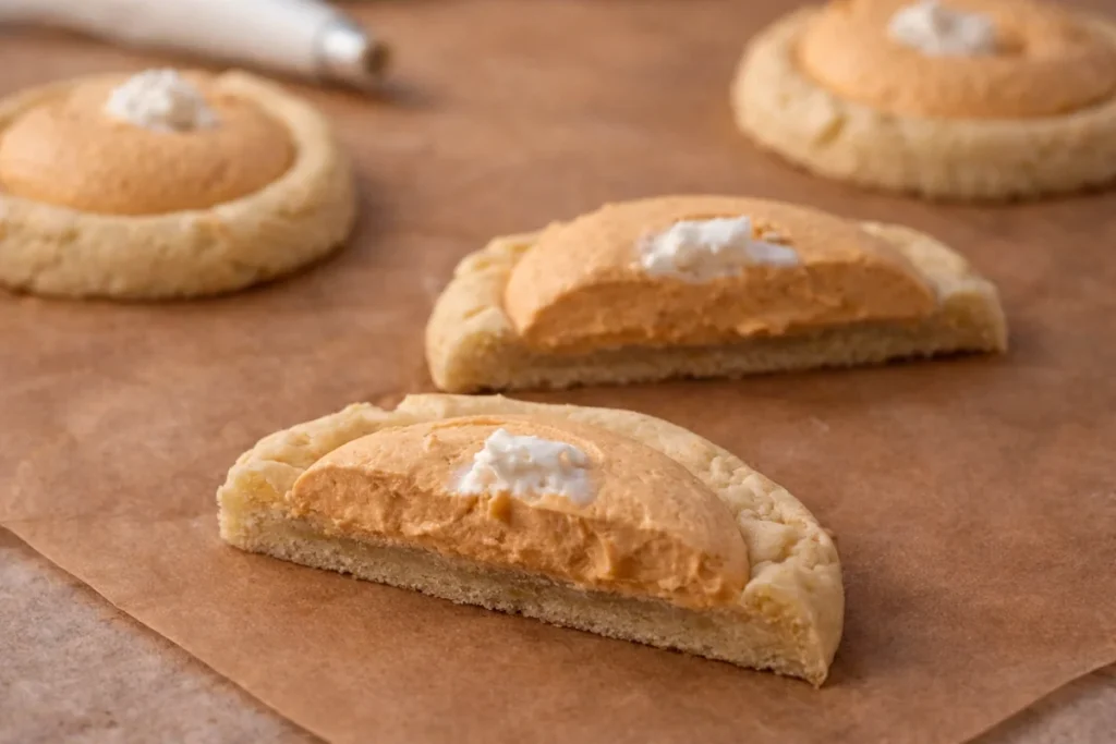 Sliced Crumbl Pumpkin Pie Cookies showing the thick cookie base and filling