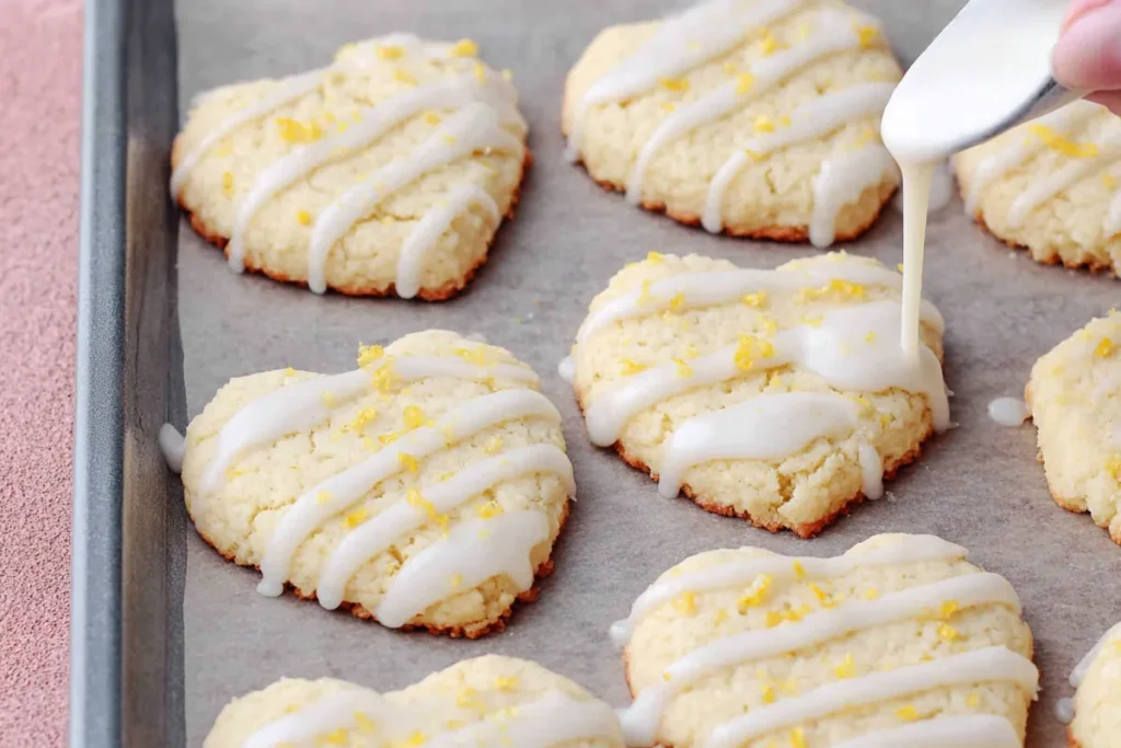Lemon glaze drizzled over baked lemon shortbread cookies with fresh zest