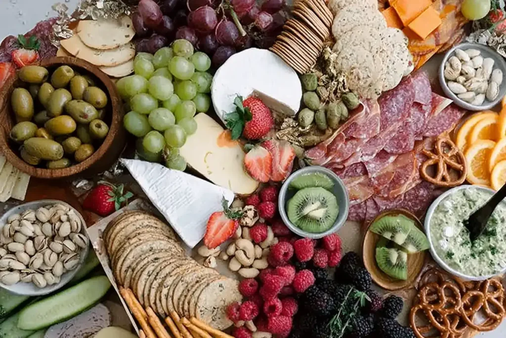 Epic Charcuterie Table ingredients with cheeses, cured meats, crackers, grapes, and dips