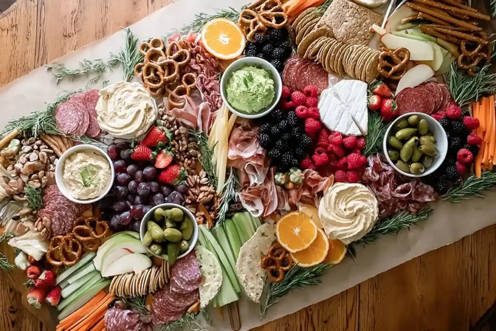 Epic Charcuterie Table close-up with rosemary garnish, dips, fruit, cheese, meats, and crackers