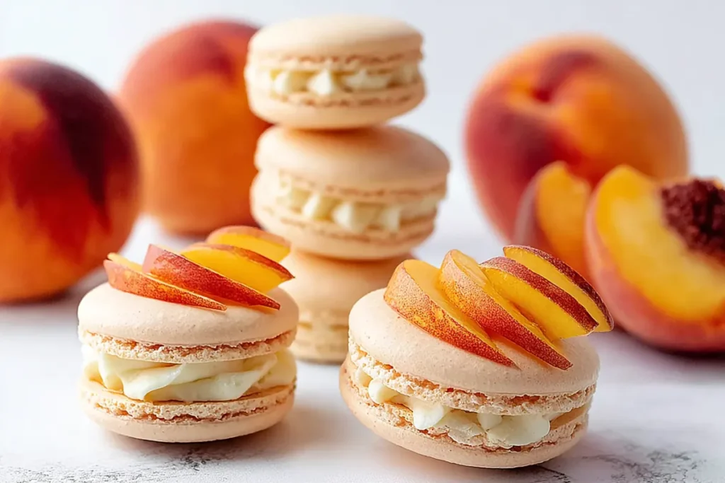 Finished Peach Macarons with fresh peaches on a light surface