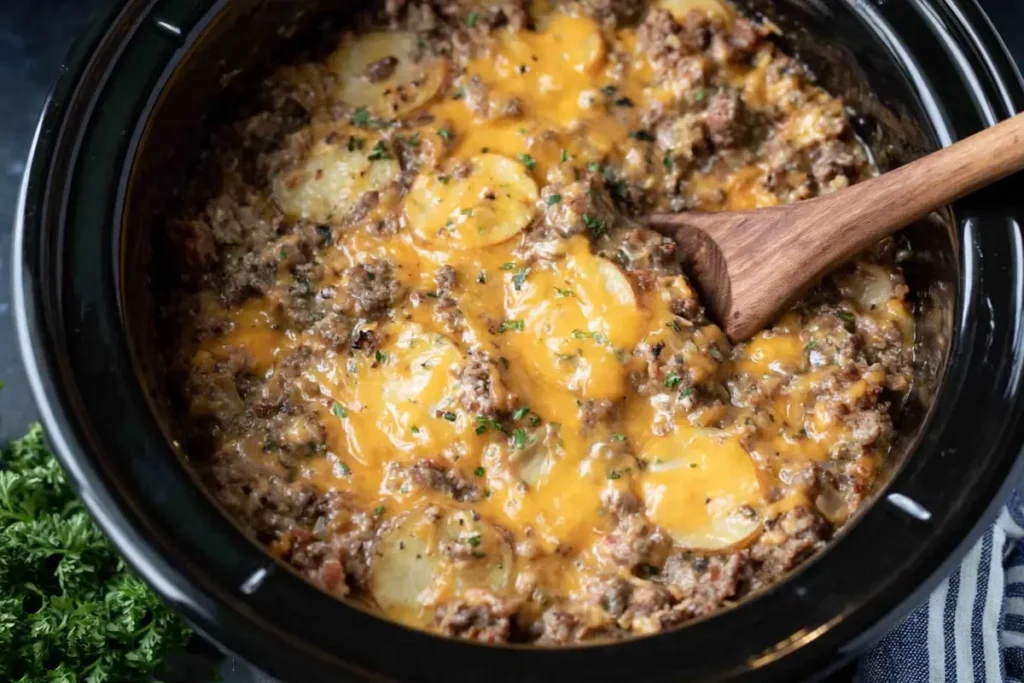 Finished Slow Cooker Hamburger Casserole with tender potatoes beef and melted cheddar cheese