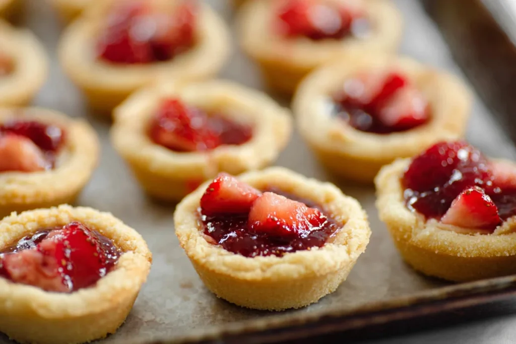 Finished Strawberry Cookie Cups on a tray with cream cheese filling and strawberry topping