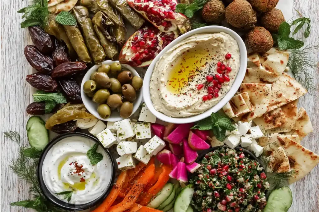 Finished Vegan Mezze Platter with dips, falafel, grilled eggplant, vegetables, olives, and flatbread