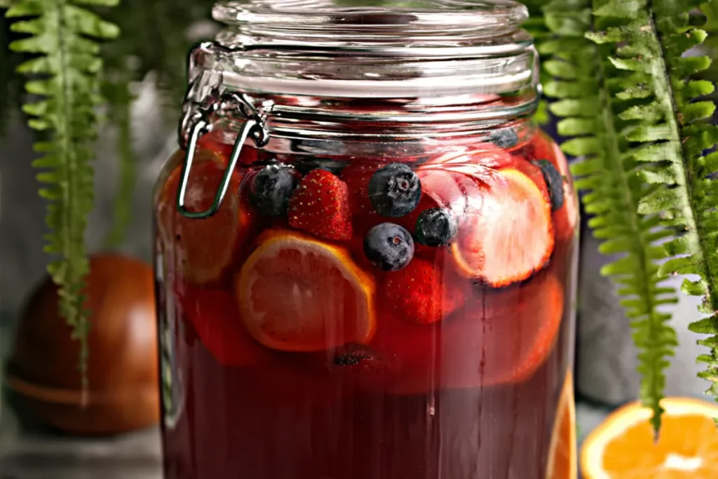 Fresh fruit garnish in Citrus Berry Punch with oranges and berries