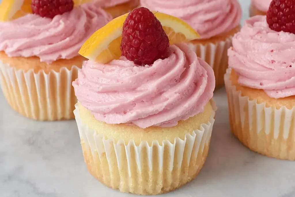Lemon cupcakes topped with raspberry frosting arranged on a board