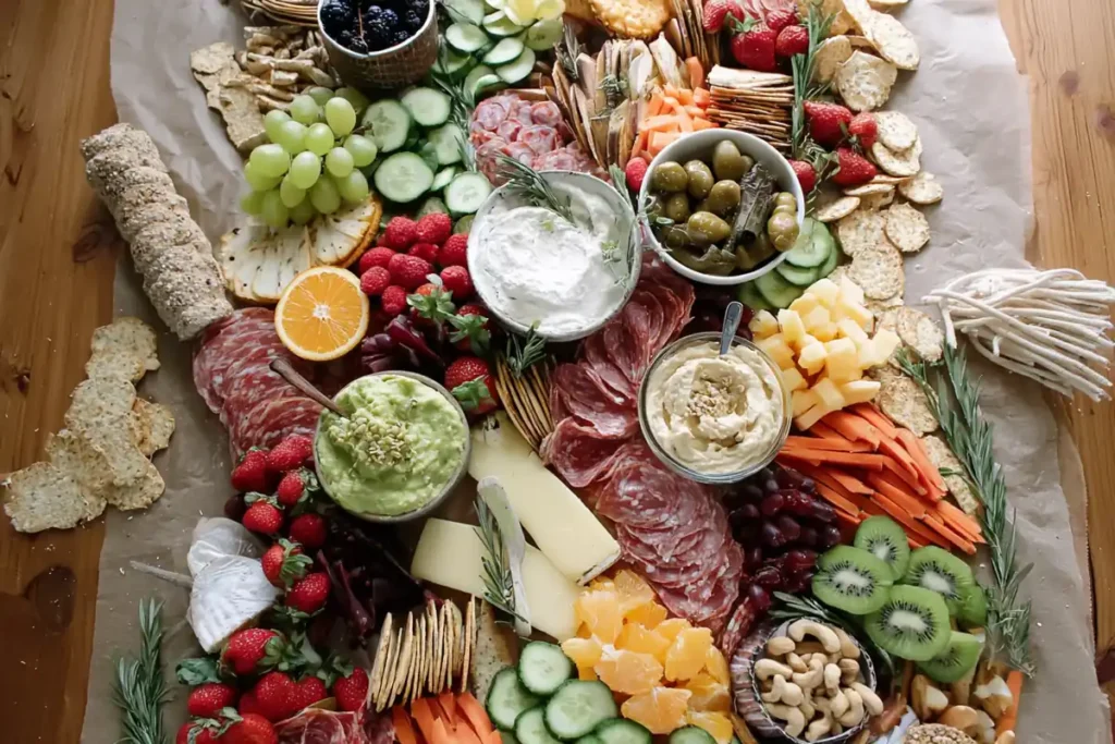Full Epic Charcuterie Table filled with colorful fruit, cheese, cured meats, crackers, dips, and nuts