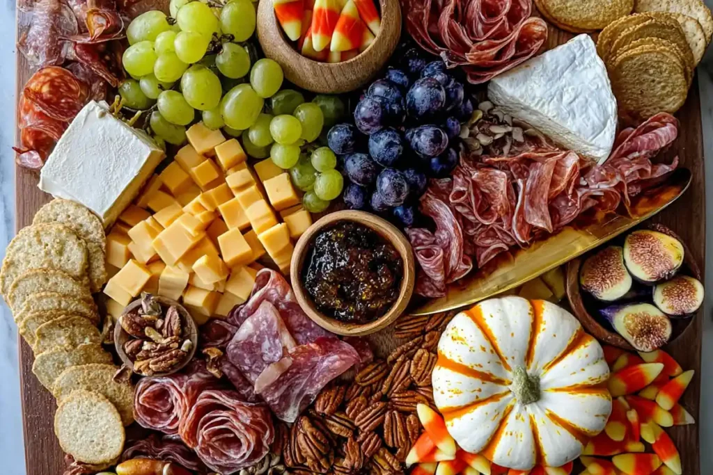 Halloween Harvest Charcuterie Board with candy corn cheese grapes and figs