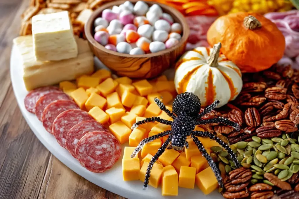 Close up Halloween Harvest Charcuterie Board with candy eyeballs brie and fall snacks