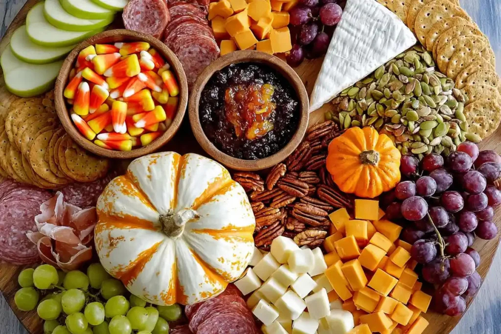 Harvest Charcuterie Board ingredients with meats cheeses figs grapes and crackers