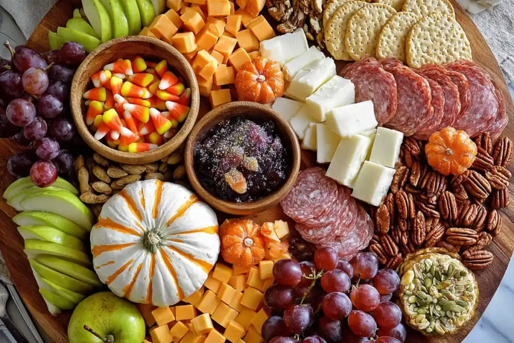 Harvest Charcuterie Board with fall cheeses meats grapes figs and crackers