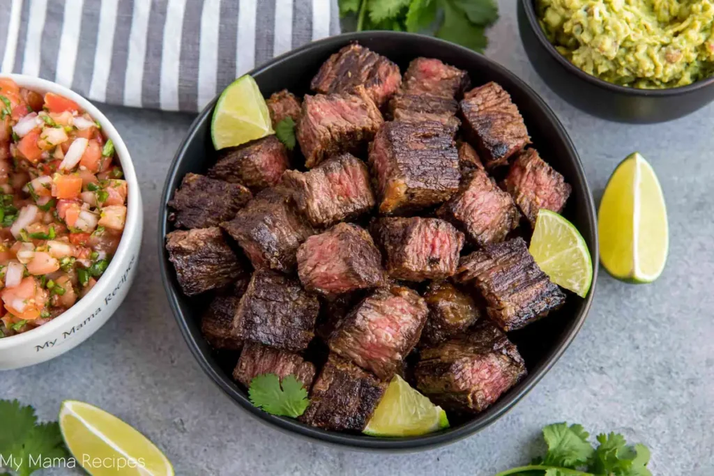 Cooked chipotle steak seasoning pieces ready for bowls, tacos, salads, or burritos