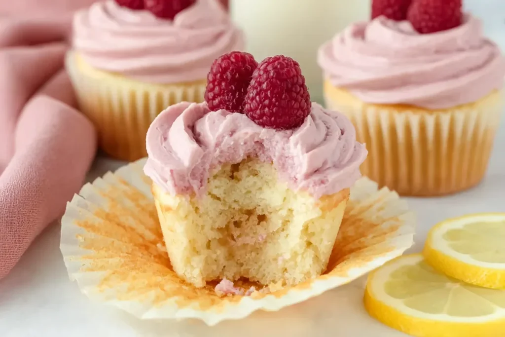 Close-up of lemon cupcake with raspberry frosting and fresh raspberry topping