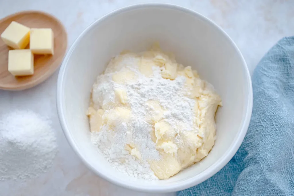 Softened butter and powdered sugar for lemon shortbread cookie dough in a mixing bowl