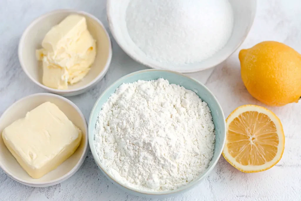 Ingredients for lemon shortbread cookies with butter flour powdered sugar and fresh lemon