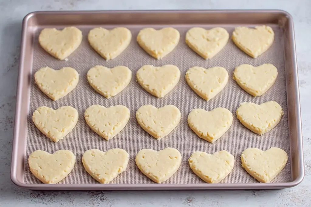 Unbaked lemon shortbread cookies arranged on a parchment lined baking sheet