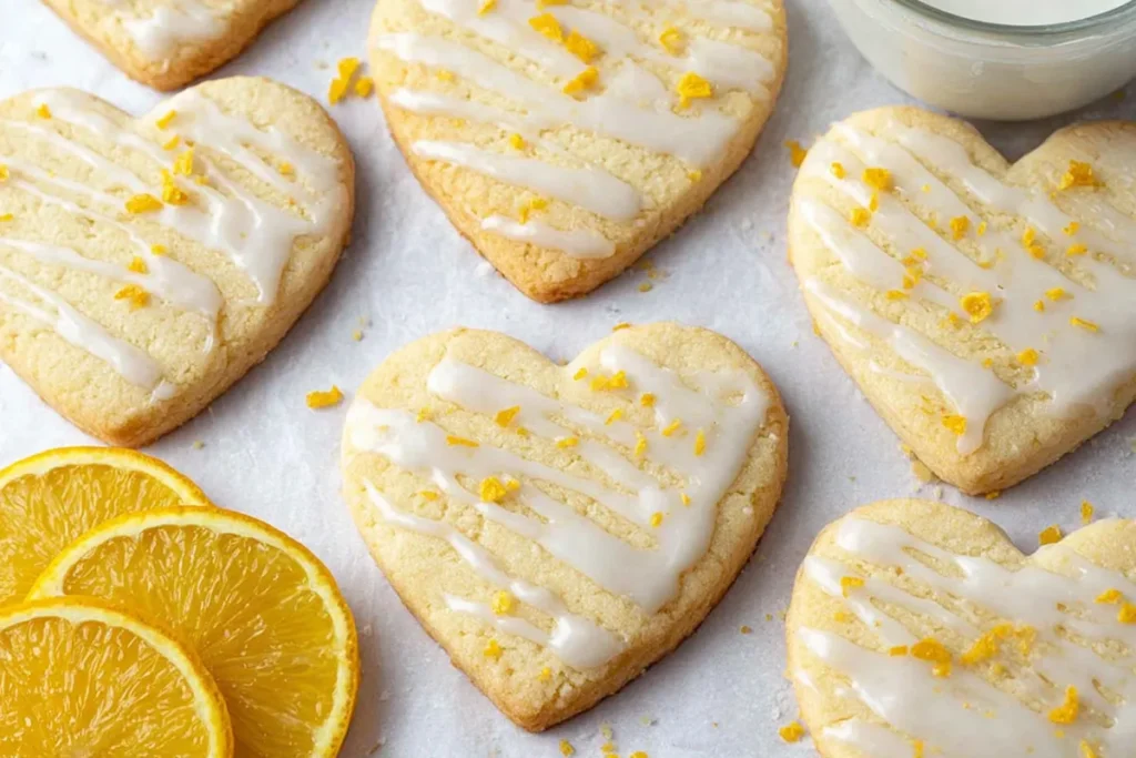 Glazed lemon shortbread cookies with lemon zest on a light countertop