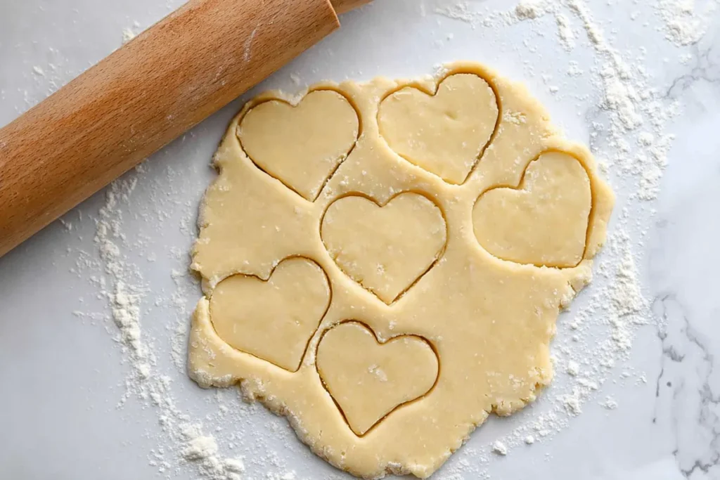 Rolled lemon shortbread cookie dough cut into shapes on a sugared surface