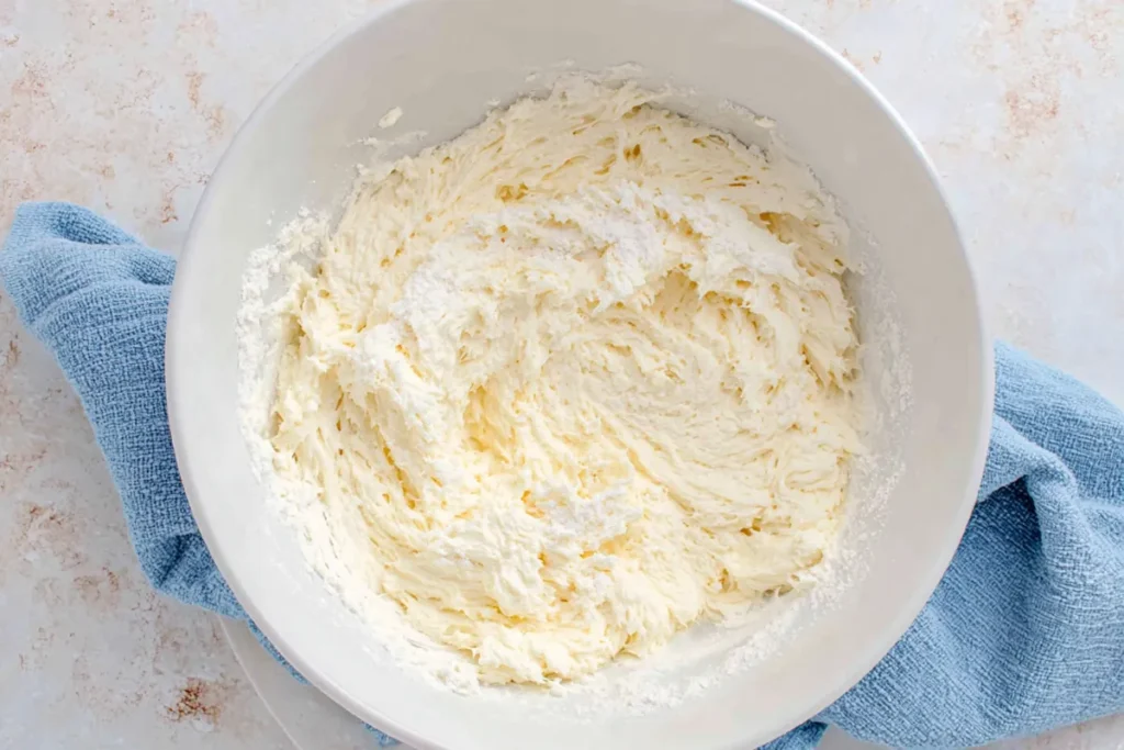 Flour and salt added to lemon shortbread dough in a white mixing bowl