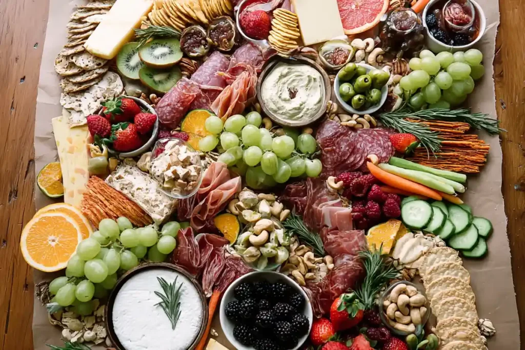 Epic Charcuterie Table with shaped rows of meats, crackers, breadsticks, croissants, and cheese