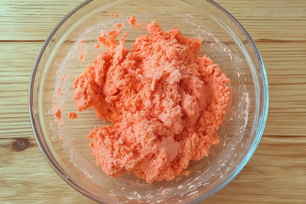 Peach macarons batter in a glass bowl before piping