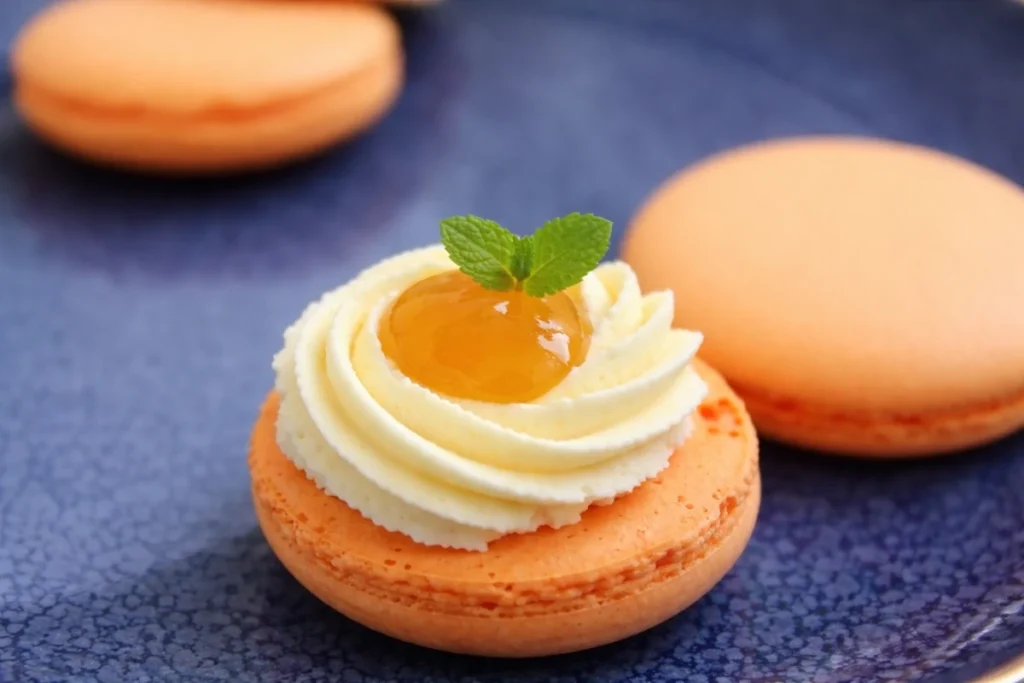 Peach puree center inside buttercream ring for Peach Macarons