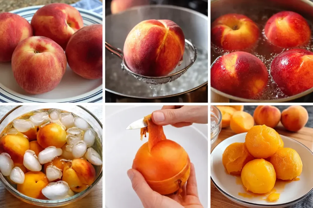 Peeled peaches ready for Peach Macarons filling