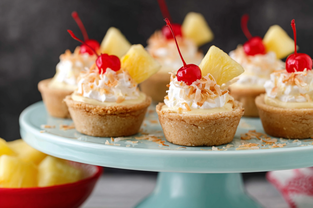 Pina Colada Cookie Cups arranged for serving with whipped cream, pineapple, and cherries