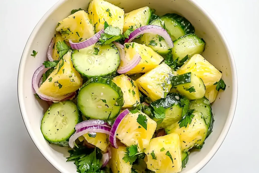 Overhead pineapple cucumber salad with fresh pineapple cucumber red onion and cilantro in a beige bowl
