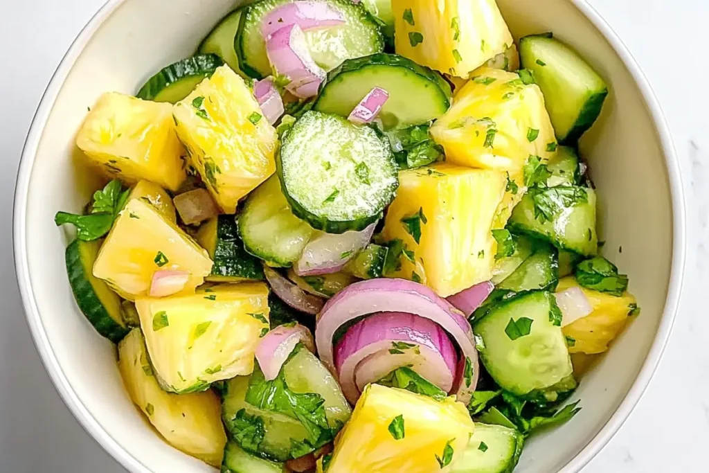 Mohamed Ayad's Pineapple Cucumber Salad Recipe in a cream bowl with cucumber red onion and cilantro