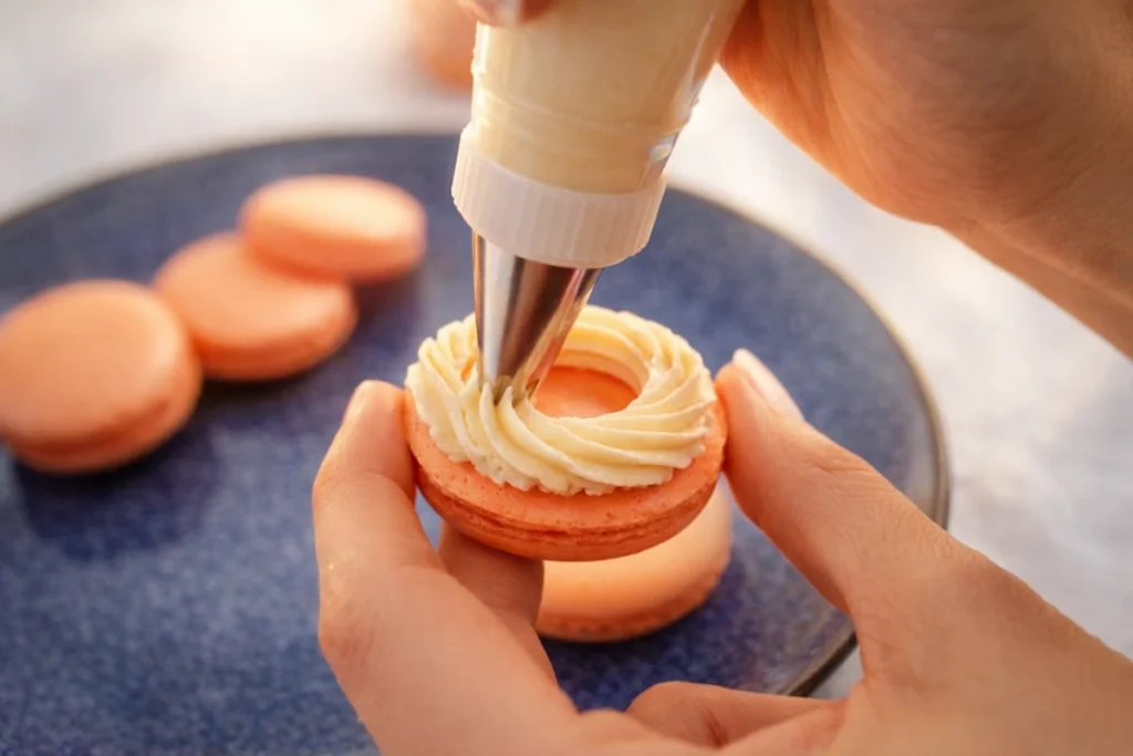 Buttercream ring piped onto Peach Macarons shell