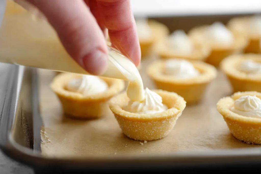 Cream cheese filling being piped into Strawberry Cookie Cups on a baking sheet