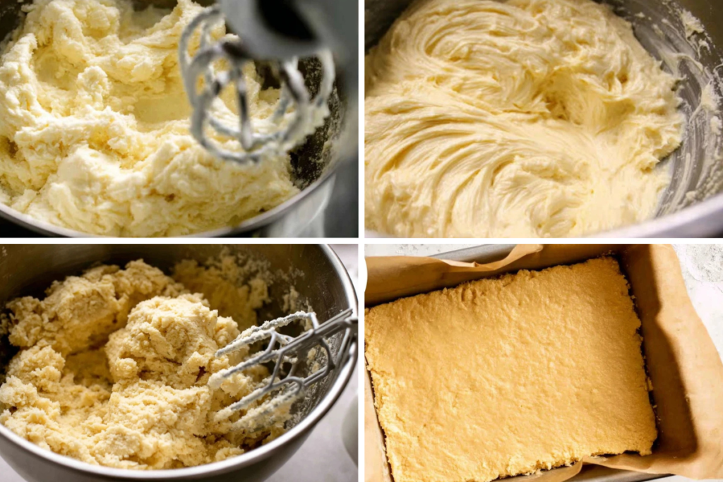 Step-by-step Pop Tart Cookie Bars dough collage with mixing and pressing into the pan