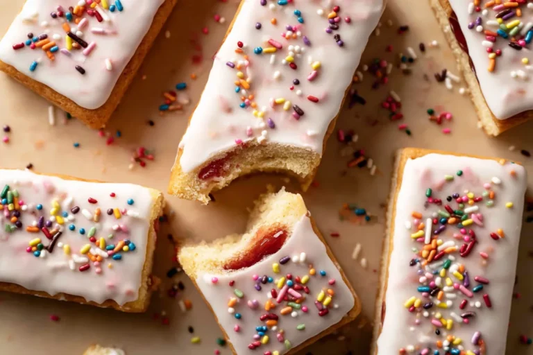 Mohamed Ayad's Pop Tart Cookie Bars Recipe with strawberry filling, vanilla icing, and rainbow sprinkles