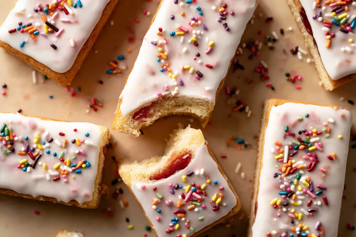 Mohamed Ayad's Pop Tart Cookie Bars Recipe with strawberry filling, vanilla icing, and rainbow sprinkles
