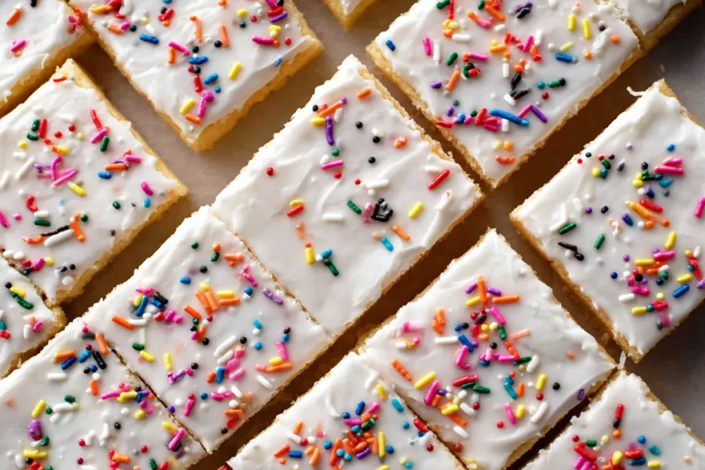 Pop Tart Cookie Bars (Strawberry-Filled, Iced Like Mama Made Them) 11 Close-up of frosted Pop Tart Cookie Bars with rainbow sprinkles and clean cut lines