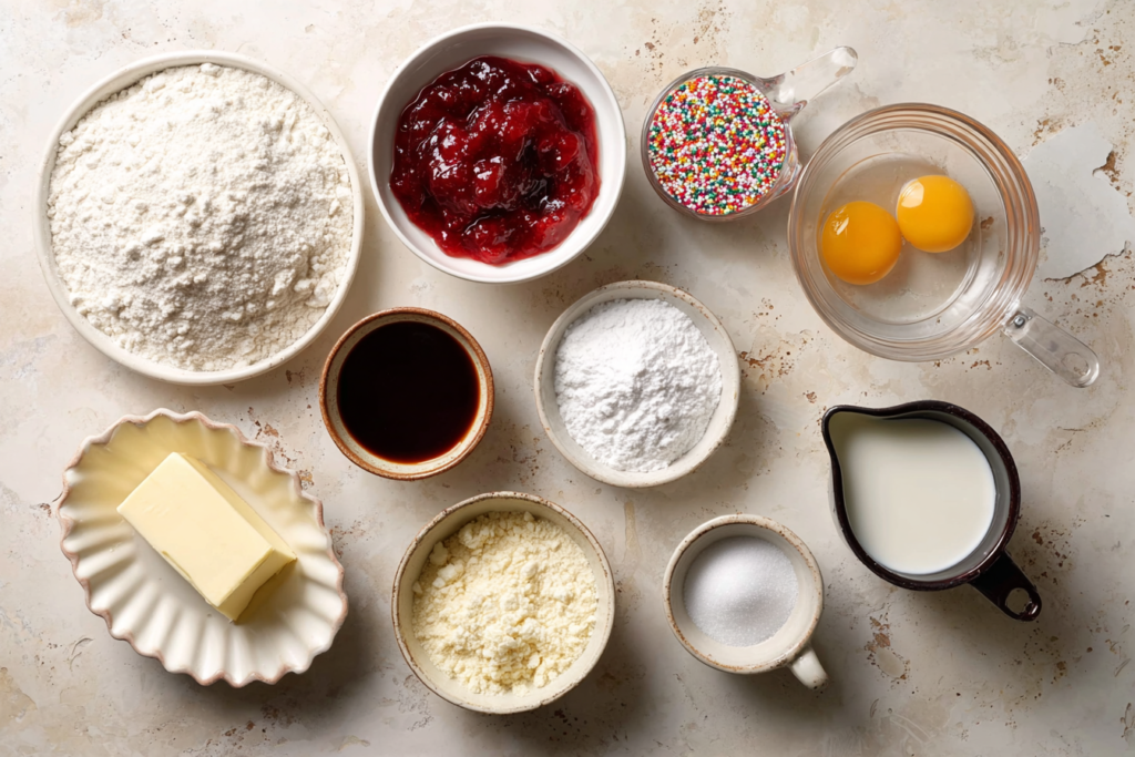 Ingredients for Pop Tart Cookie Bars arranged in bowls on a light countertop