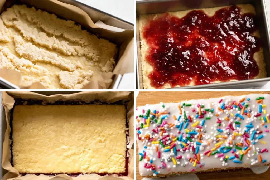 Pop Tart Cookie Bars (Strawberry-Filled, Iced Like Mama Made Them) 10 Pop Tart Cookie Bars layering and baking collage with strawberry preserves and frosted top