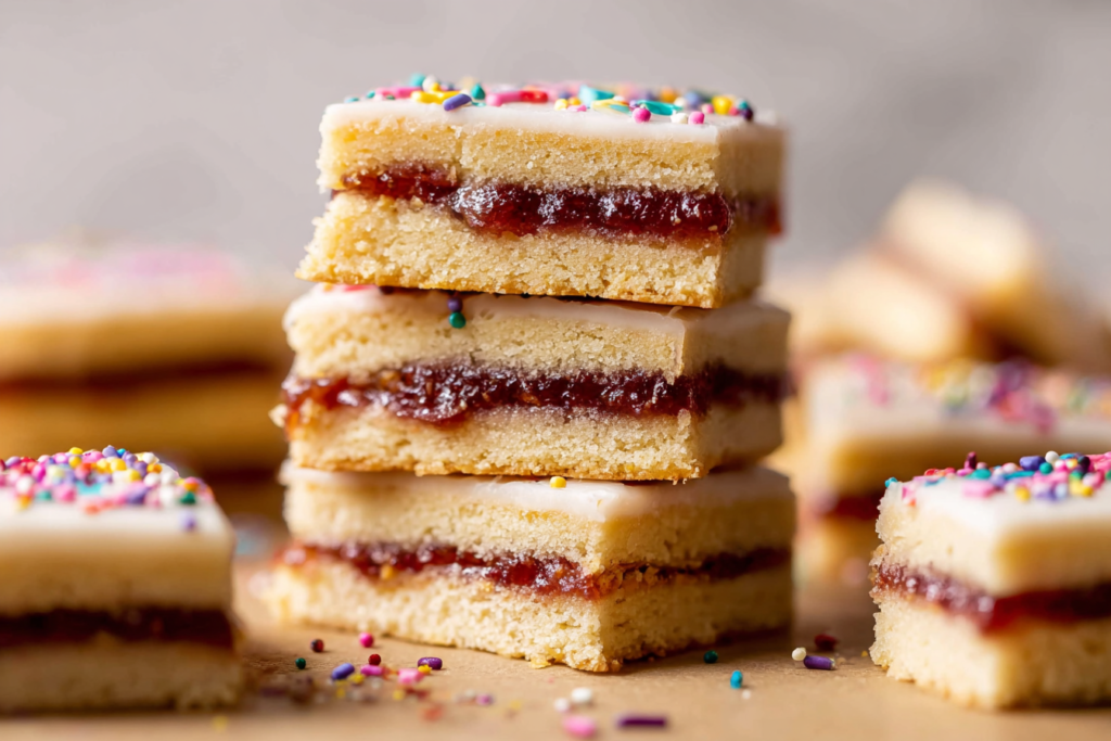 Stacked Pop Tart Cookie Bars showing the strawberry filling between soft cookie layers