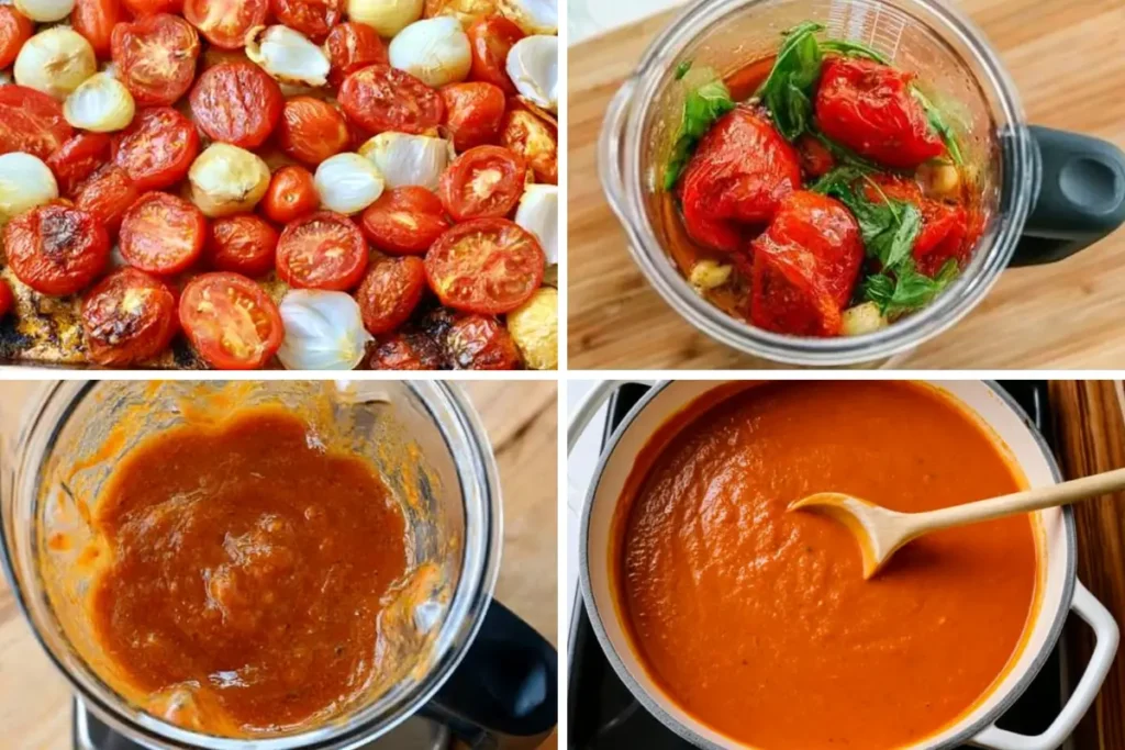 Roasted Tomato Soup with Rich Oven-Roasted Flavor 13 Roasted tomato soup process showing roasted vegetables, blending, and simmering