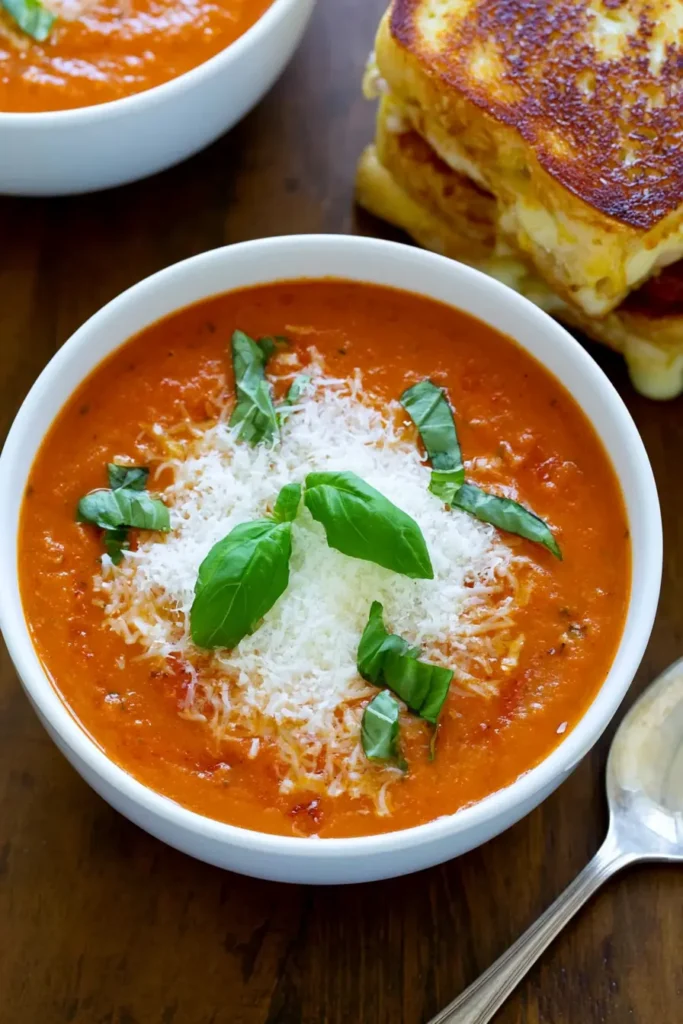 Roasted Tomato Soup with Rich Oven-Roasted Flavor 10 Creamy roasted tomato soup topped with Parmesan and fresh basil