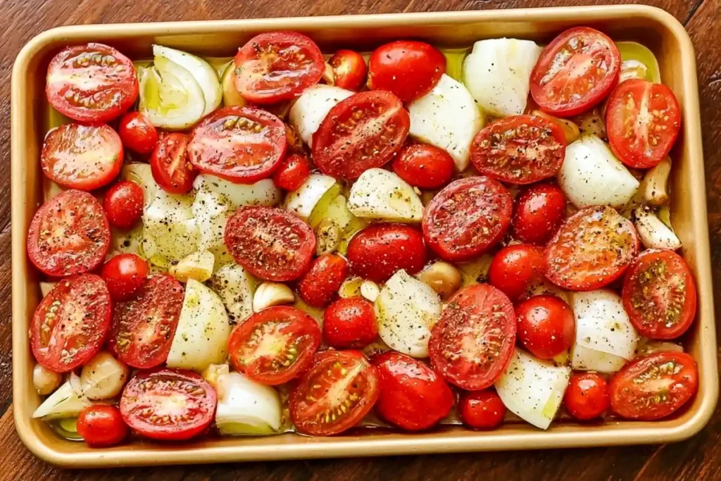 Roasted Tomato Soup with Rich Oven-Roasted Flavor 12 Tomatoes, onions, and garlic prepared for roasted tomato soup