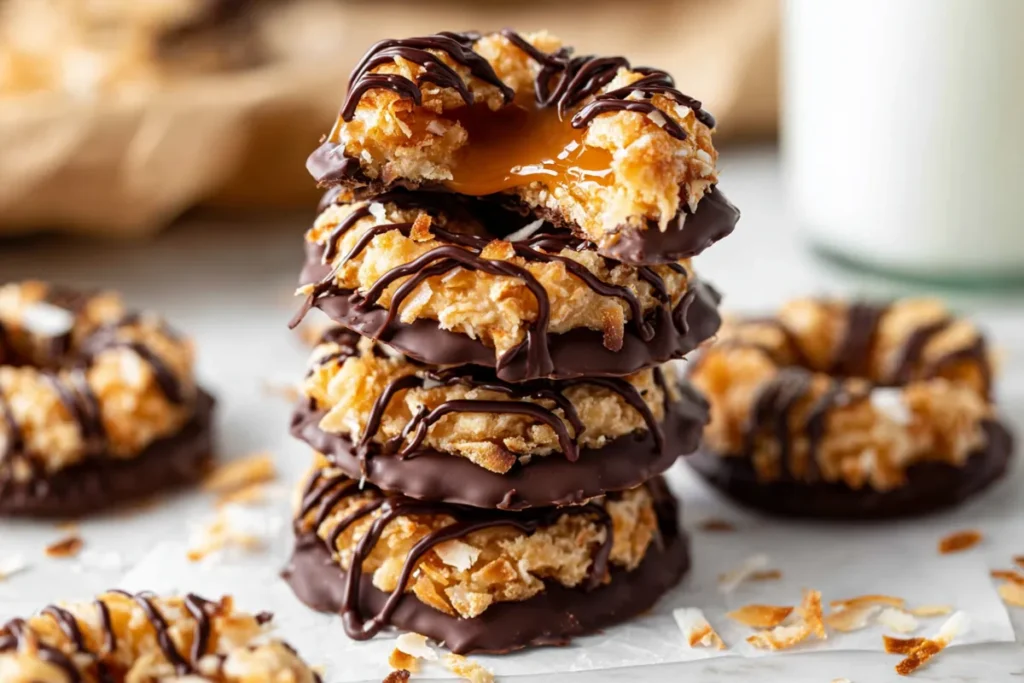 Samoas Cookies Copycat broken cookie stack showing caramel coconut and shortbread layers