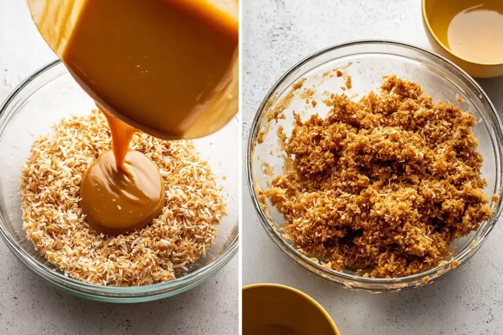 Samoas Cookies Copycat caramel being poured into toasted coconut mixture